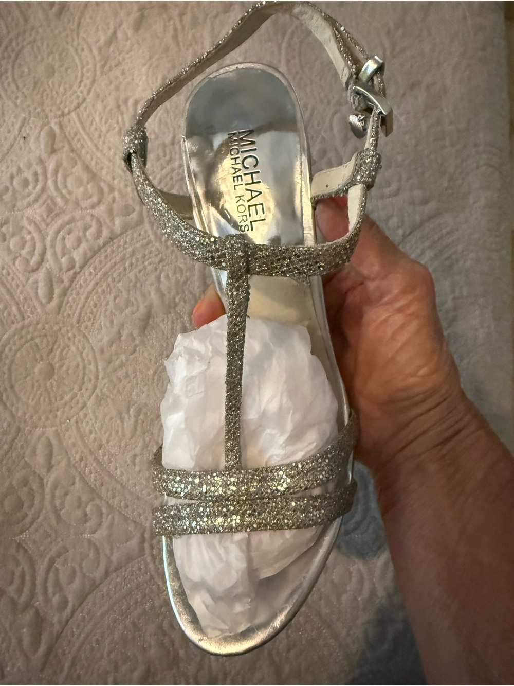 Michael Kors Silver Glitter Strap Heels T-strap